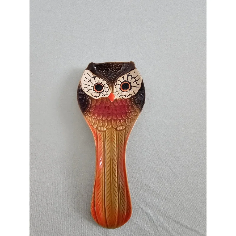 Cracker Barrel Spoon Rest Brown Orange Owl Stoneware Kitchen Accessory